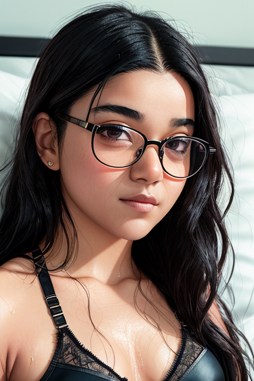 05003-1071633483-photo of imanvellani-sd-v1-1000, ((photorealistic)) portrait of female, wet, realistic skin, 30 years old, glasses, (lay on bed_.png